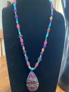 Handmade Purple & Blue Wire-Wrapped Pendant Necklace